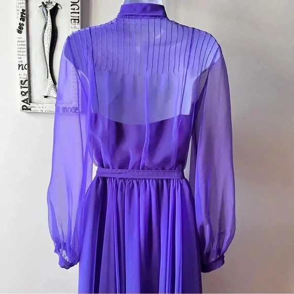 Vintage 60s Purple Chiffon Sheer Long Sleeve Pintuck Dress Size 12 - Picture 10 of 16